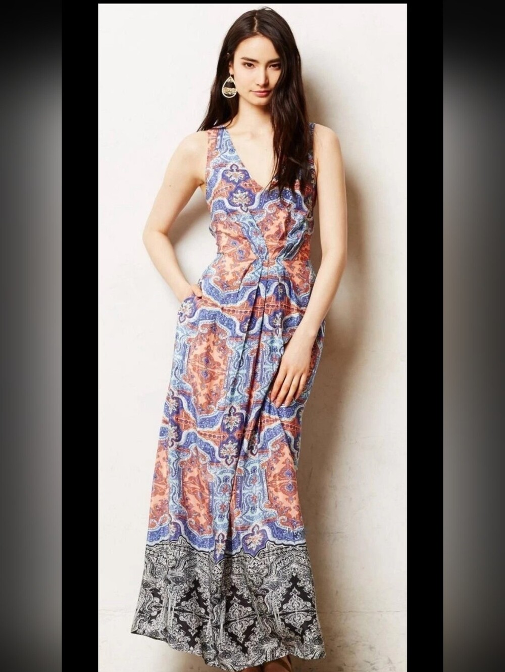 Maeve Medallion Cut Out 100% Silk Maxi Dress Size 0 Blue Orange Anthro